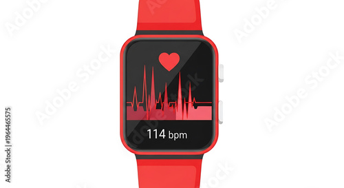 A red smartwatch displaying a heart rate monitor on its screen