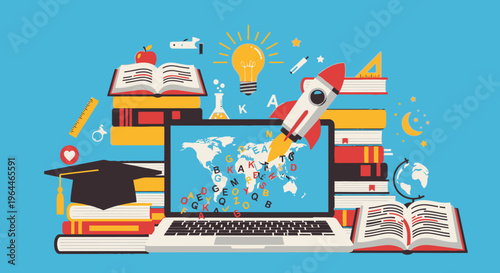 Online Education Concept with Laptop Books Graduation Cap and Rocket in Bright Studio