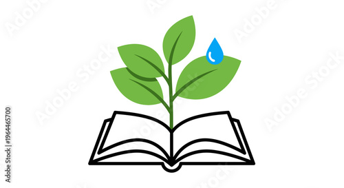 Green Leaves Growing from an Open Book with a Water Droplet, Symbolizing Sustainable Education and Nurturing Knowledge on Isolated White Background.