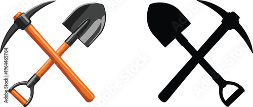 Crossed pickaxe and shovel tools icon set in realistic and black silhouette style for mining construction and gardening concept flat vector