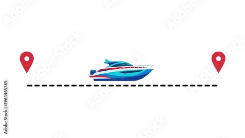 Speedboat Navigating Route with GPS Pins on White Background