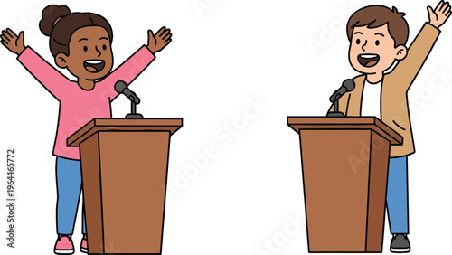 Cute young boy and girl standing behind wooden podiums giving speech and presentation for school debate and public speaking concept flat vector
