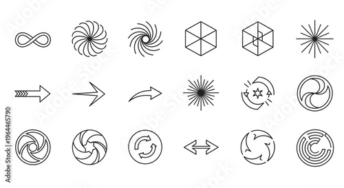 Set of abstract linear graphic design elements including spirals, arrows, and geometric shapes on an isolated white background, for creative projects.