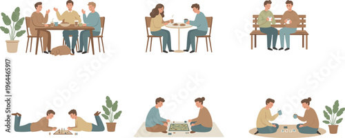 Friends and couples spending quality time together sitting on bench playing board games and drinking coffee for social connection flat vector