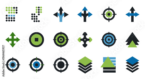 Set of Directional and Target Icons for Navigation, Data, and Strategic Planning, isolated white background.