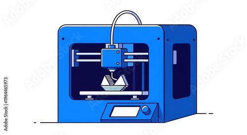 A blue 3D printer creating a white object in a modern manufacturing setting