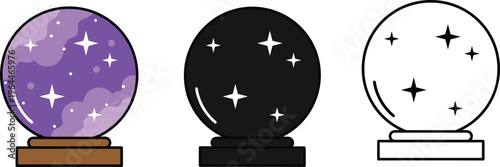 Magic crystal ball icon set in color black silhouette and outline style with stars and clouds for fortune telling and mystery concept flat vector