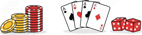 Gambling and casino icon set with stacks of poker chips four aces playing cards and red dice for betting and gaming concept flat vector