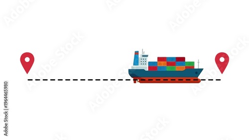 Global cargo shipping route with container ship and location pins