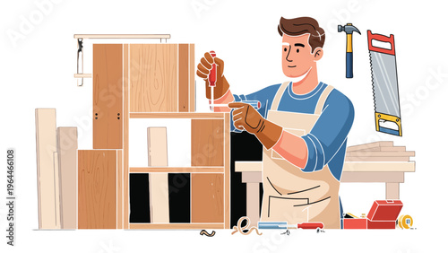 Crafting Expertise: A carpenter meticulously works on assembling a wooden shelf, surrounded by essential tools, demonstrating precision and dedication to his craft.