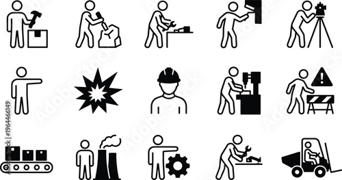 Industrial worker and construction activity icon set with machinery, tools, factory process, safety signs and labor workforce symbols for engineering and manufacturing design