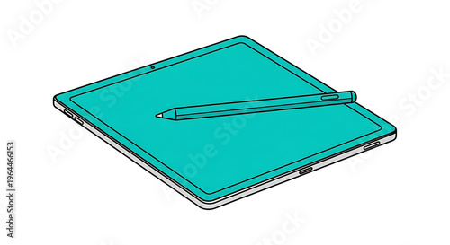 A teal-colored tablet with a stylus lying on top of it, set against a clean white background.