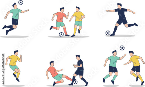 Professional soccer players in action showing dribbling shooting tackling and jumping for football match and sports competition concept flat vector