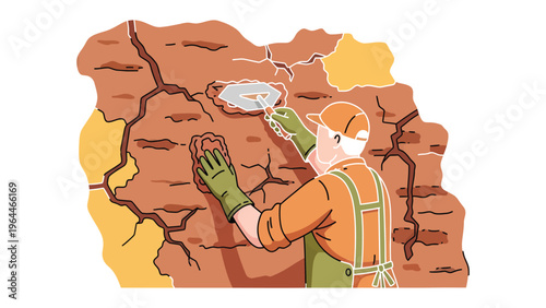 Restoring the Walls: A skilled craftsman meticulously repairs a cracked wall with precision and care, showcasing expertise in building repair.