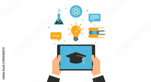 Hands Holding Tablet with Graduation Cap, Surrounded by Online Education and Science Icons on an Isolated White Background