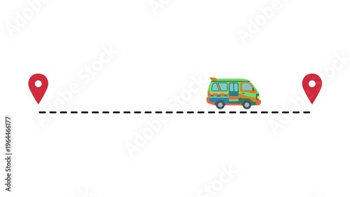 Colorful Minibus Travel Route with Location Pins on White Background
