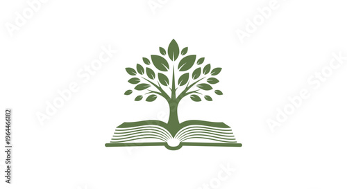 Open Book with a Growing Tree Symbolizing Knowledge and Education on an Isolated White Background