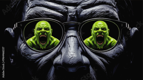 Dark portrait of man in sunglasses reflecting screaming neon green mutant heads, horror fantasy illustration on black background