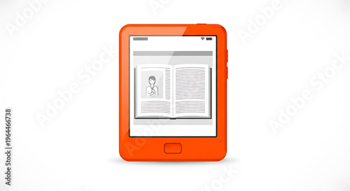 A vibrant orange e-reader displaying an open book on its screen with a clean and modern design