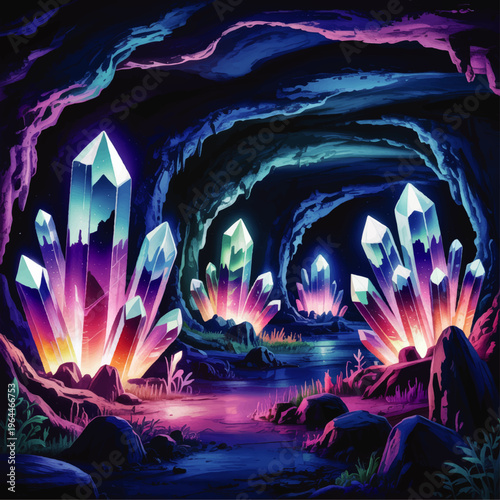 Fantasy glowing crystal cave with neon gemstones and magical underground landscape, vibrant colorful mystical background illustration