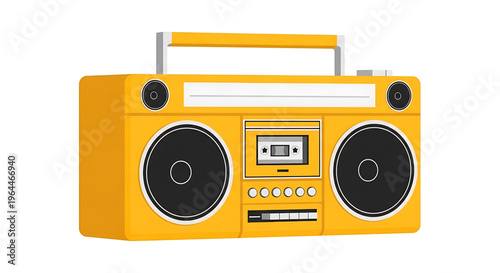 A vibrant yellow boombox vector graphic with a handle and cassette player on a white background, perfect for music and nostalgia-themed designs