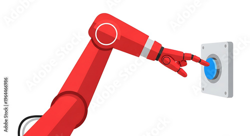 A robotic arm pressing a blue button on a gray panel in a modern industrial setting