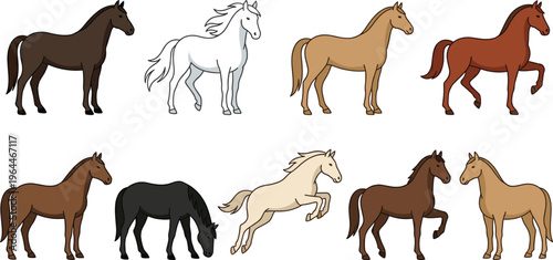 Cartoon Horse Illustrations in Various Poses and Colors, Featuring Galloping and Standing Horses for Animal, Farm, and Digital Media Designs