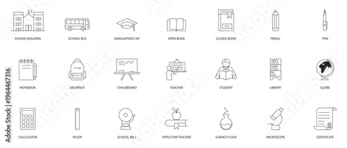 Education School Line Icon Set in Minimal Outline Style Vector Collection for E Learning Video Tutorial Webinar Study University Classroom Stock Icons for Web and Mobile App UI Design.