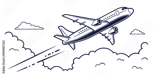 Airplane flying through clouds, line art icon of a jet soaring through the sky with motion lines, symbolizing travel and adventure in a simple, stylized illustration.