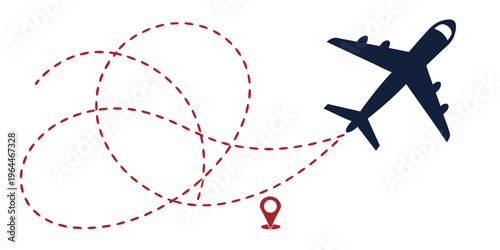 Airplane travel line art icon with winding flight path and destination marker, symbolizing journey and adventure in aviation and transportation.