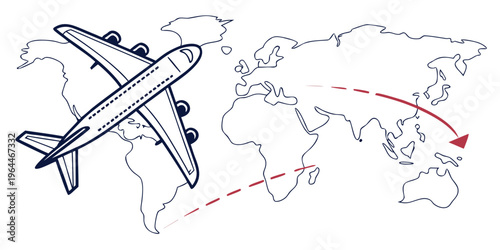 Line art icon of airplane flying over world map with travel route, symbolizing global transportation and adventure.