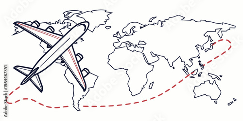 Line art icon of an airplane flying around the world on a red dotted travel route line.