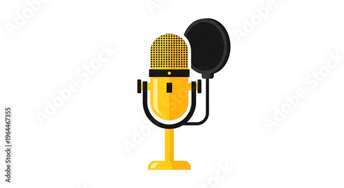 A vibrant yellow microphone with a pop filter, designed as a modern vector graphic for audio and podcasting applications.