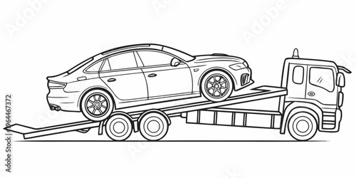 Line art illustration of a car being transported on a flatbed truck, automotive logistics and transportation concept.
