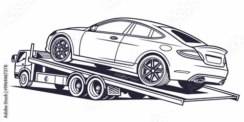 A black and white line art illustration of a car being transported on a flatbed truck, showcasing a vehicle on a trailer.