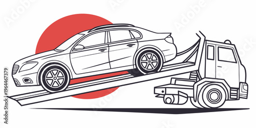 Line art illustration of a car being transported on a tow truck, simple black and white graphic with red accent.