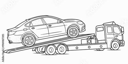 A line art illustration of a car being transported on a flatbed truck, showcasing a vehicle on a carrier for shipping or towing purposes in a simple graphic style.