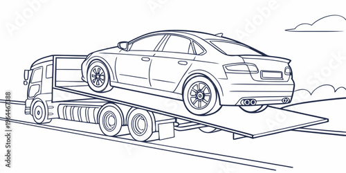 A line art illustration of a car being transported on a flatbed truck, showcasing a vehicle on a trailer in a simple yet detailed graphic design for automotive and transportation concepts.
