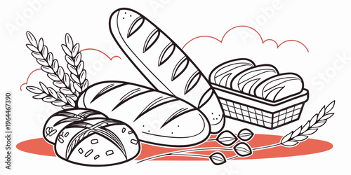 A black and white line art illustration of assorted bread loaves in a basket with wheat stalks on a red background, perfect for baking and food-related designs.