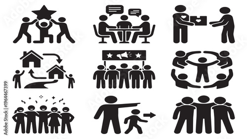 Community and Teamwork Solid Silhouette Icon Set for Business Collaboration.