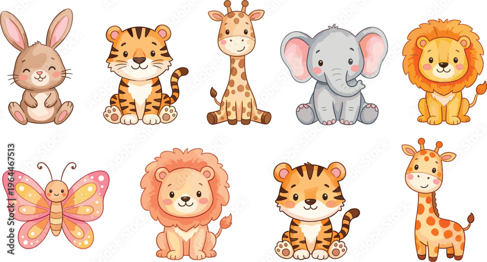Obraz premium Cute Cartoon Animal Characters Including Bunny, Tiger, Giraffe, Elephant, Lion, and Butterfly for Kids' Illustrations, Educational, and Digital Media Designs