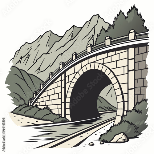 Colorful bridge with tunnel and railroad tracks mountain