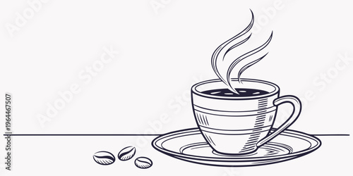 A steaming hot cup of coffee on a saucer with coffee beans, line art illustration for cafe or breakfast concept.