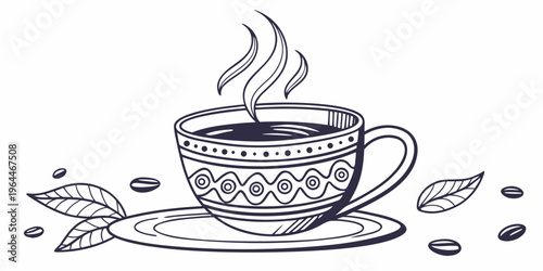 A steaming cup of coffee on a saucer with coffee beans and leaves, line art illustration for cafe or breakfast concept