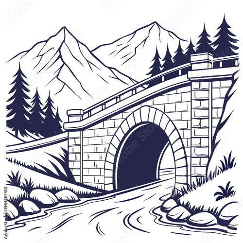 Stone bridge with tunnel in mountainous landscape trees