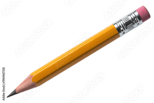 Realistic yellow pencil with pink eraser and silver band on transparent background
