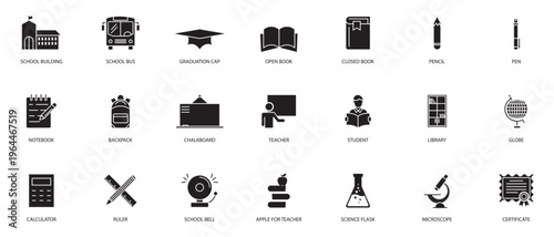 School and Academic Filled Icons Collection Simple Clean Vector Set Featuring Student Graduation Knowledge Books and Study Elements for Web Applications UI Design Presentation and Educational Content.