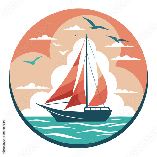 Sailboat with red sails cruising under sunset sky with flying seagulls in circular vintage illustration