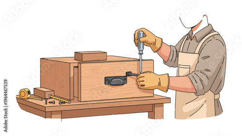 Craftsman's Workshop: A skilled craftsman meticulously works on a wooden piece, a scene of precision and dedication in the workshop environment.