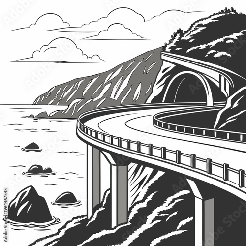 Black and white of a bridge with a tunnel and clouds